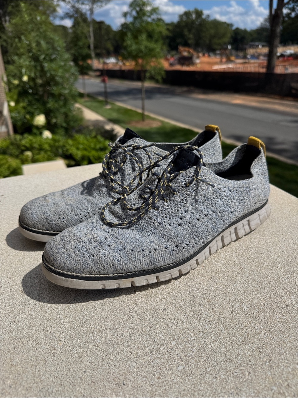 Cole Haan Gray Knit Lace-Up Sneakers with Yellow Pull Tab
